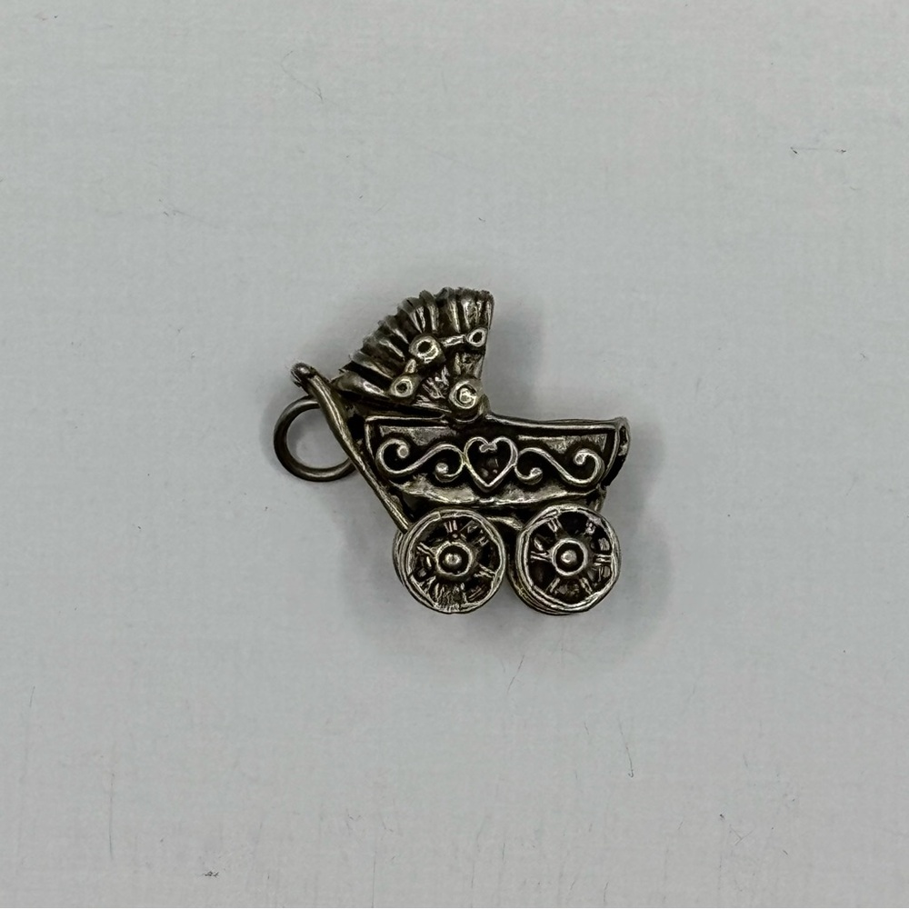 Baby Stroller Carriage Sterling Silver charm Pendant Wheels Move vintage